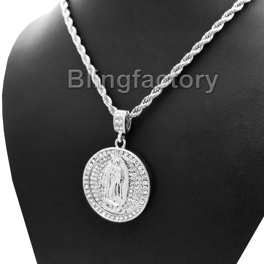 Hip Hop Iced out Virgen De Guadalupe Pendant & 4mm 24" Rope Chain Necklace