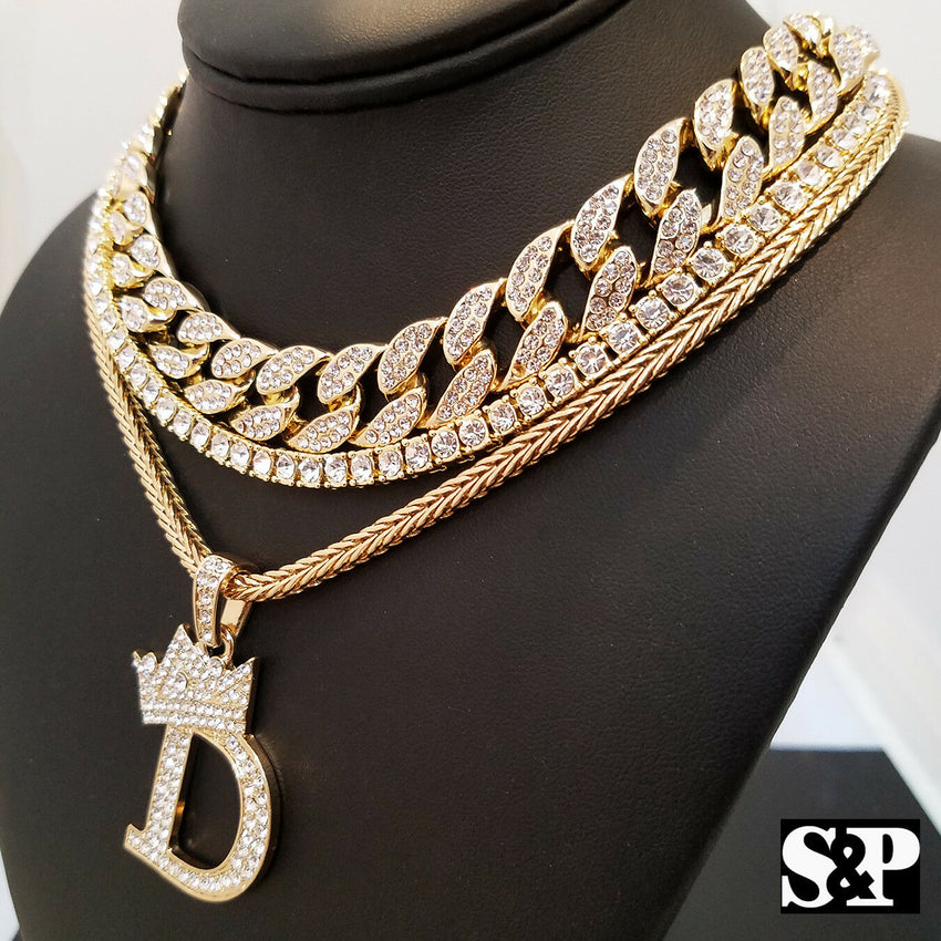 Hip Hop Quavo Choker 16" Full Iced Cuban & 1 ROW DIAMOND CHAIN & "D" Necklace