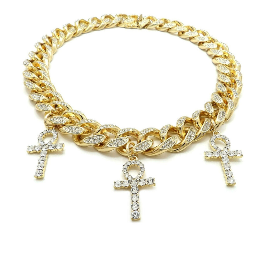 Hip Hop Iced Triple Ankh Cross Pendant & 20" Full Iced Cuban Choker Chain Necklace