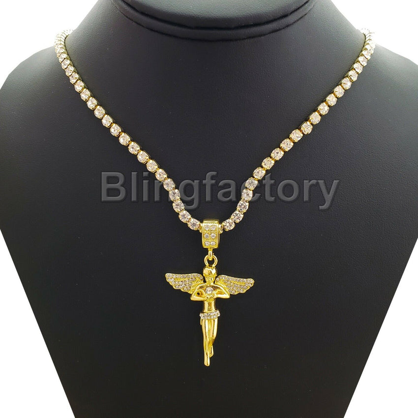 Hip Hop Iced Out Baby Angel Pendant & 1 Row Diamond Tennis Choker Chain Necklace