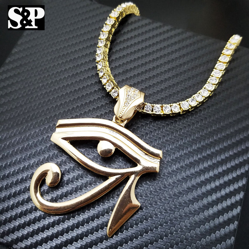 Hip Hop Eye of Horus w/ 18" Full Iced Cuban & 1 ROW DIAMOND Choker Chain Necklace Set