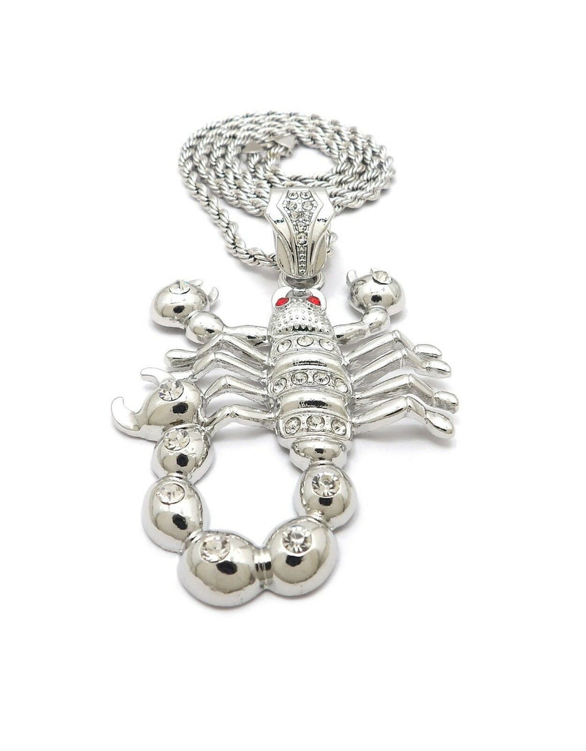 HIP HOP ICED OUT SILVER PLATED SCORPION PENDANT & 4mm 24" ROPE CHAIN NECKLACE