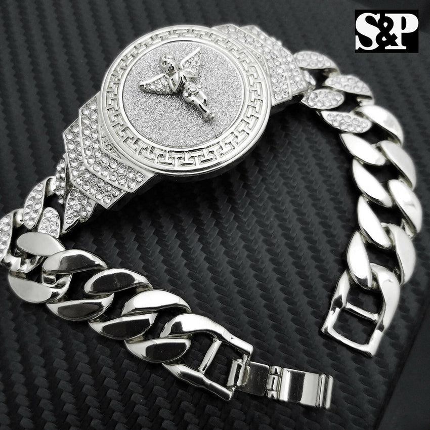 New Hip Hop White Gold Plated 8.5" CZ Full Iced Out Baby Angel Cuban Bracelet