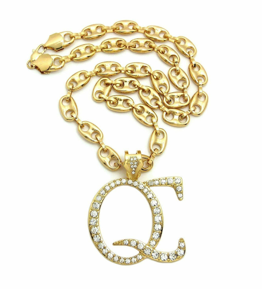 New Iced Out Gold plated 'QC' Pendant & 12mm 30" Marina Chain Hip Hop Necklace