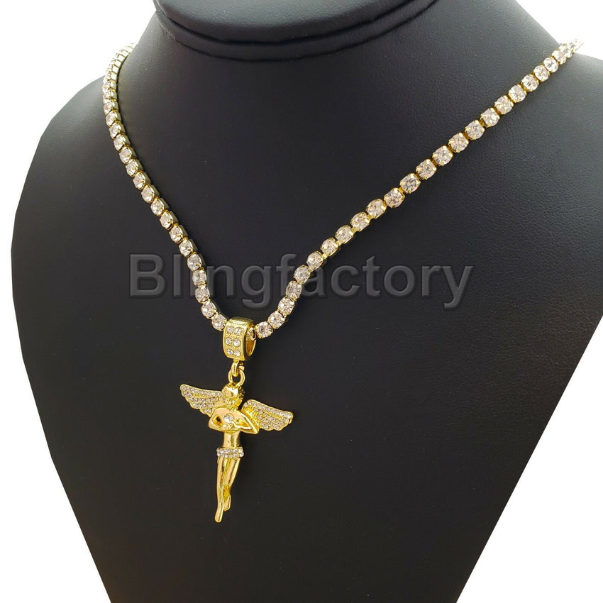 Hip Hop Iced Out Baby Angel Pendant & 1 Row Diamond Tennis Choker Chain Necklace