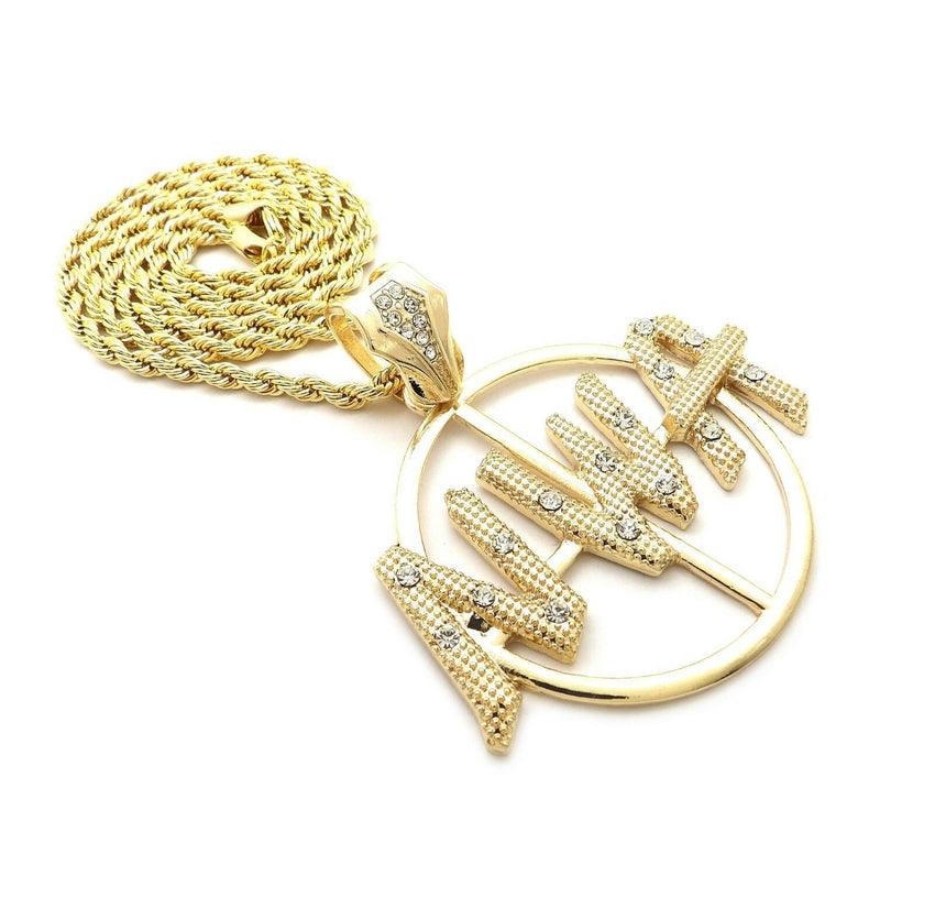 HIP HOP ICED 14K GOLD PLATED NWA PENDANT & 4mm 24" ROPE CHAIN NECKLACE