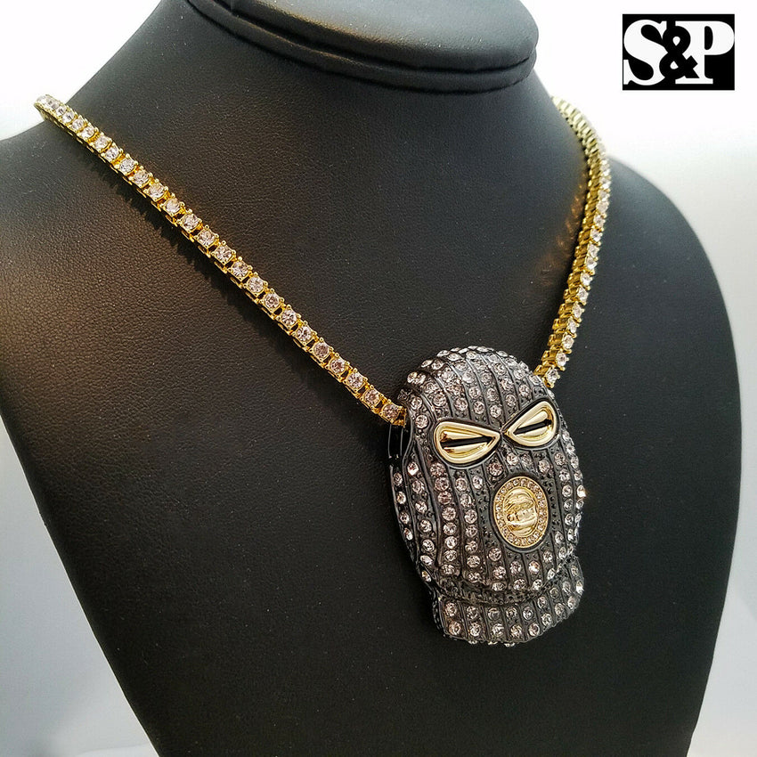 Mens Hip Hop Gun Metal Black Goon Mask Pendant & 1 Row 18" Tennis Chain Necklace