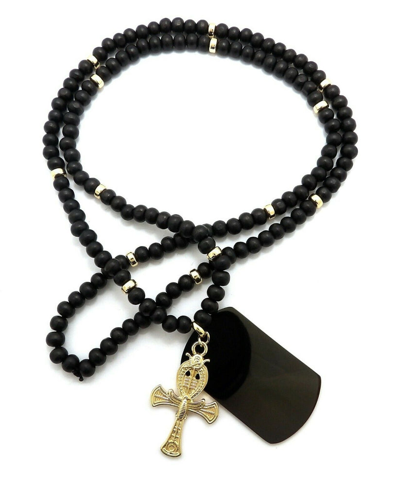 Hip Hop Egyptian Ankh Cross & Dog Tag Pendant & 6mm 30" Wooden Bead Necklace