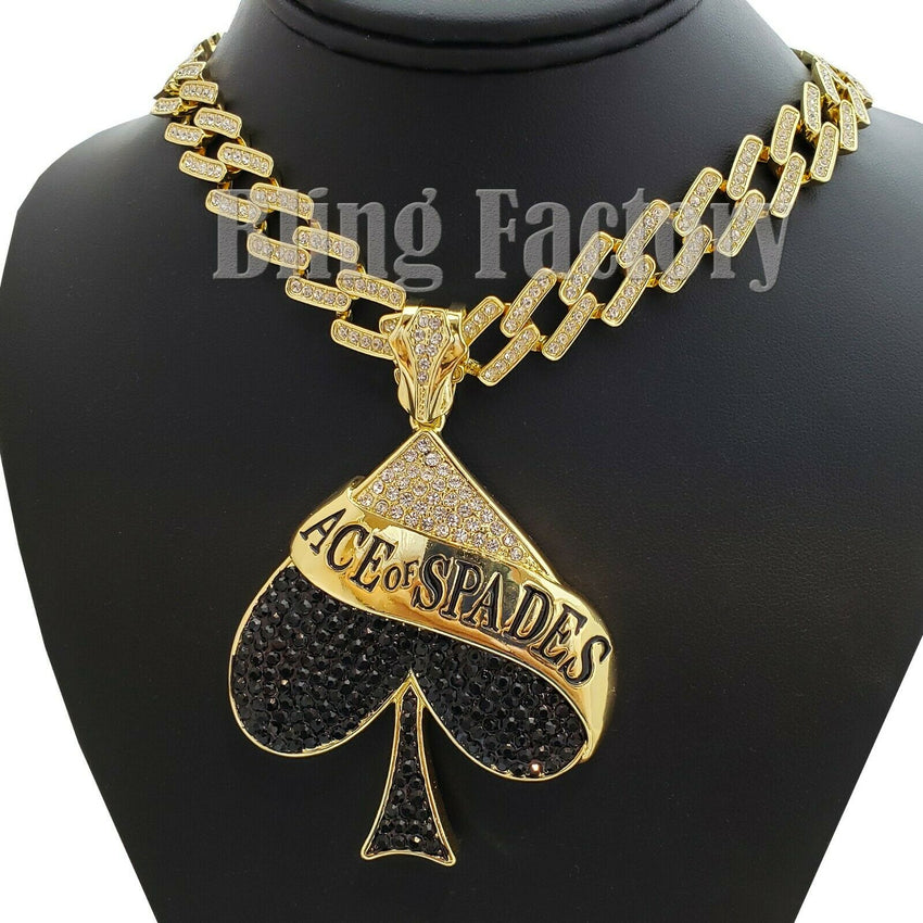 Hip Hop Ace of Spades Pendant & 18" Full Iced Prong Miami Choker Cuban Necklace