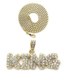 Iced Out Bubble Letter KING Pendant & 24" Box, Cuban, Rope Chain Hip Hop Necklace