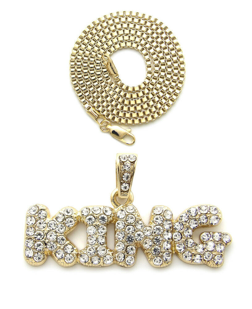 Iced Out Bubble Letter KING Pendant & 24" Box, Cuban, Rope Chain Hip Hop Necklace