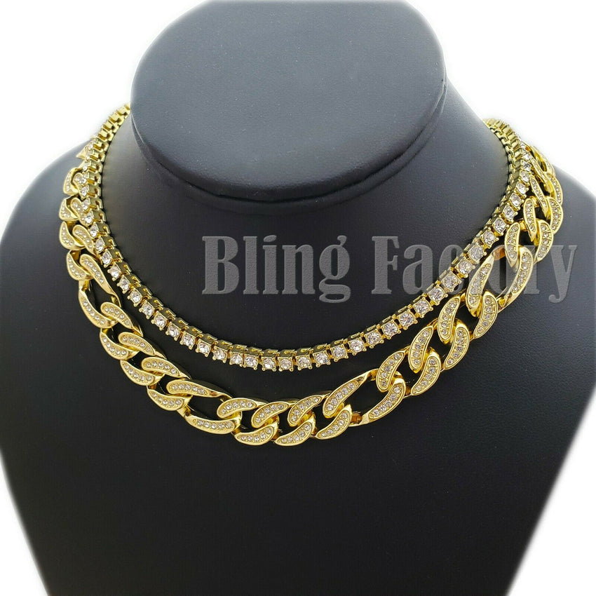 Hip Hop Iced out Gold plated 18" Figaro & 1 Row CZ Tennis Choker Chain Necklace set