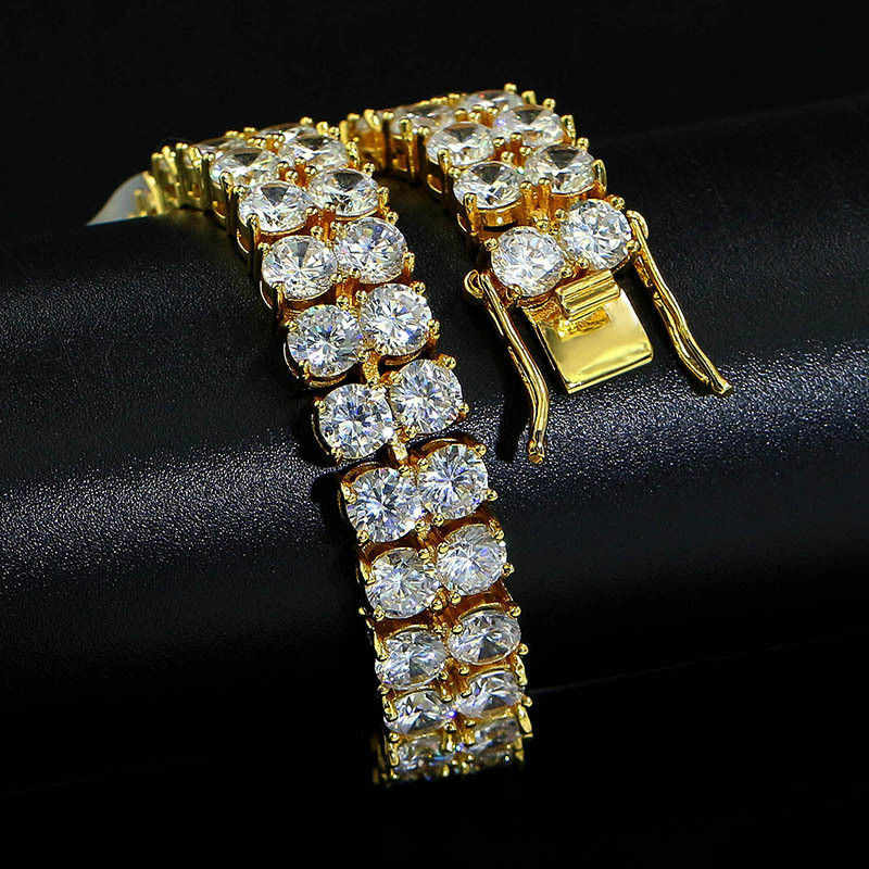 Men's Gold Plated 2 Row Link Iced Out Brass Lab Diamond Hip Hop Bracelet 8" Inch