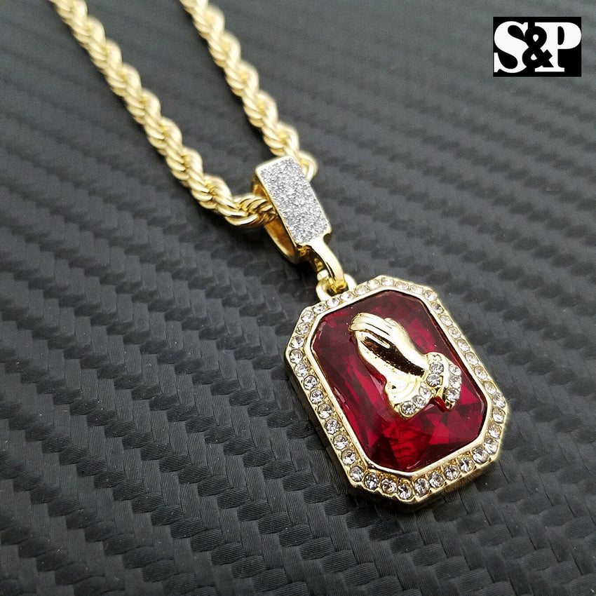 Hip Hop Praying Hands & Red Ruby Praying Hands Pendant w/ Rope Chain 2 Necklaces