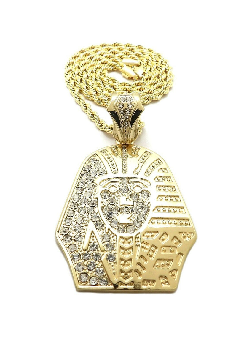 HIP HOP ICED OUT GOLD PT EGYPTIAN PHARAOH PENDANT & 4mm 24" ROPE CHAIN NECKLACE