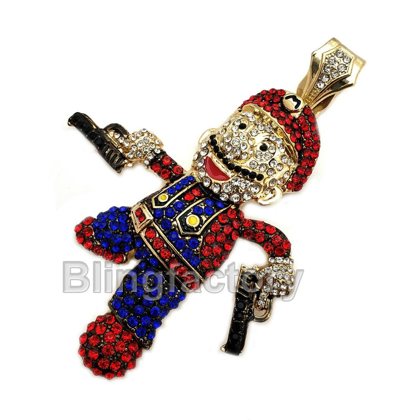 Iced out Hip Hop Mario Gun Man Gold & Silver plated Lab Diamond Large Pendant