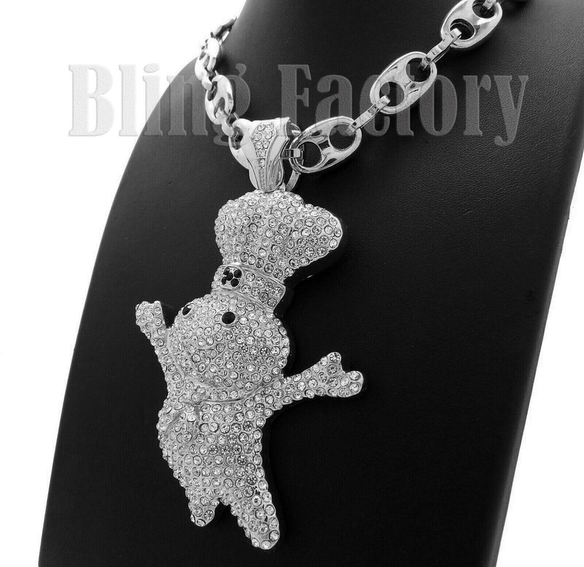 Iced out Hip Hop Large Doughboy Pendant & 12mm 20" 24" 30" Marina Chain Necklace