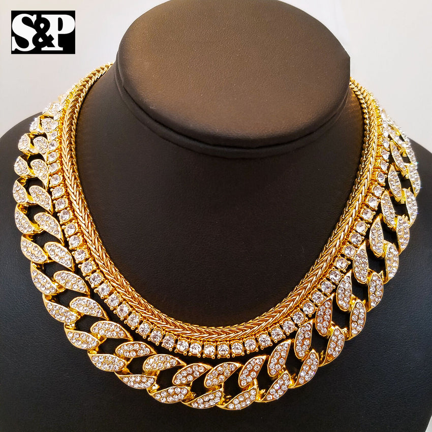 Hip Hop Quavo Choker 18" Franco & 16" Full Iced Cuban & 1 ROW DIAMOND CHAIN SET