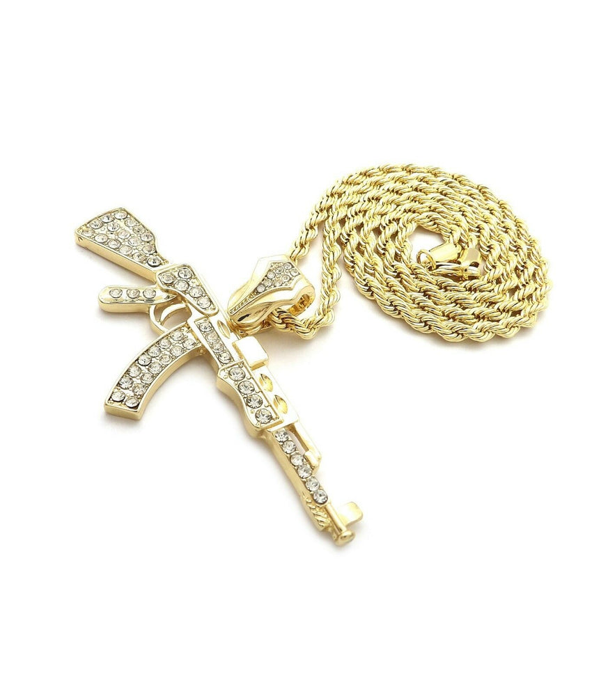 HIP HOP ICED GOLD PT AK45 MACHINE GUN PENDANT & 4mm 24" ROPE CHAIN NECKLACE