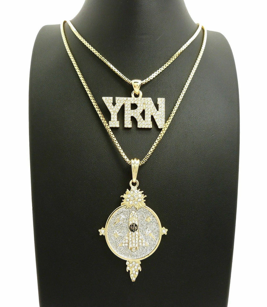 Hip Hop Iced Out Migos YRN Rocket Pendant & 24", 30" Box Chain 2 Necklace Set