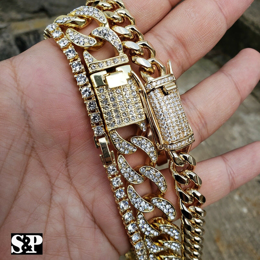 Hip Hop Lab Diamond Iced out 1 Row Tennis & Miami Cuban 3 Chain Necklace set
