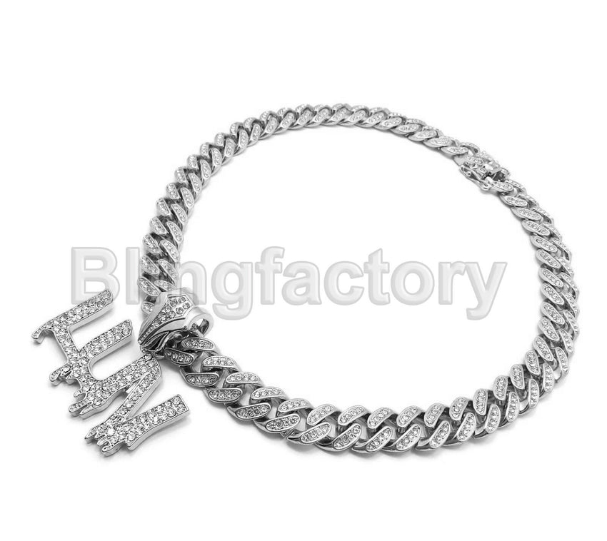 Hip Hop Uzi Vert LUV pendant & 18" Full Iced out Cuban Choker Chain Necklace