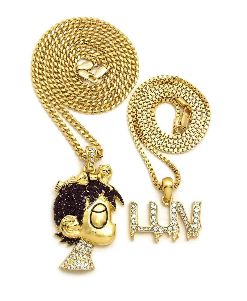 ICED OUT LIL UZI VERT PAVE CARTOON & LUV PENDANT W/ 24" 30" CHAIN NECKLACE SET