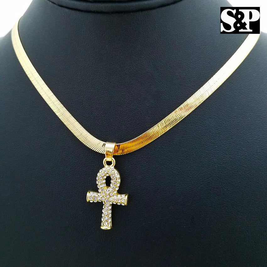 Unisex Hip Hop Iced Out Ankh Pendant w/ 5mm 20" Herringbone Chain Necklace