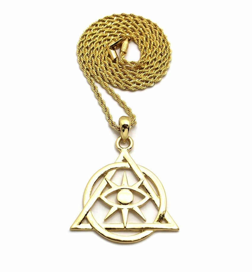 Men's Gold PT illuminati Pyramid Pendant w/ 24" Box, Cuban, Rope Chain Necklace