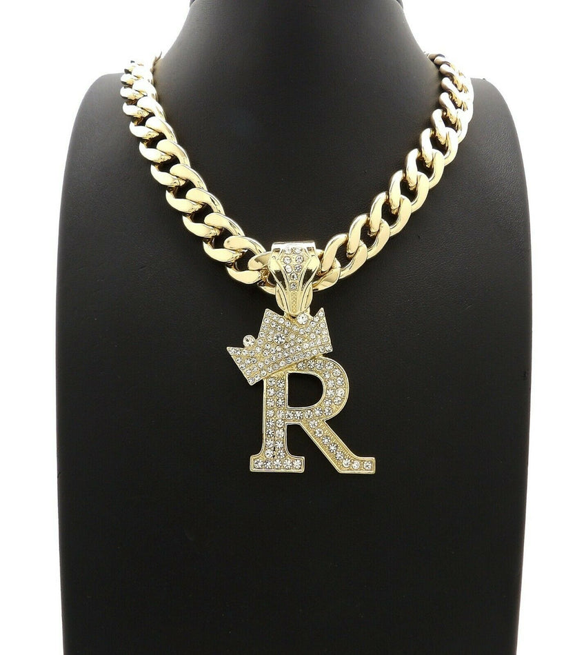 Hip Hop Crowned Alphabet Initial Pendant & 11mm 20" Cuban Choker Chain Necklace