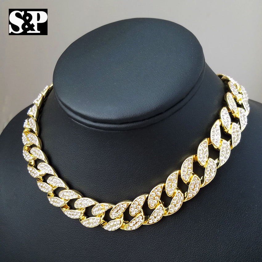 Hip Hop 1017 Pendant w/ 18" 1 ROW DIAMOND Choker Chain Set & 16" Full Iced Cuban Necklace set