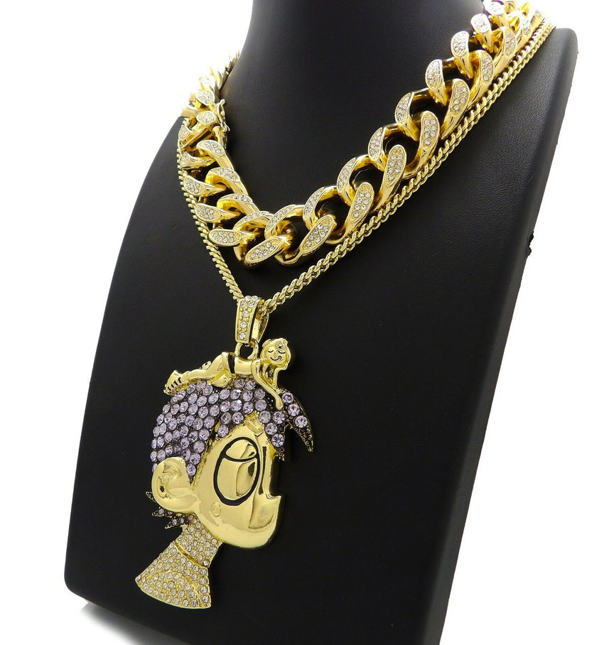 Hip Hop Iced Uzi Character Pendant & 18" Full Iced Cuban Choker Chain Necklace Set