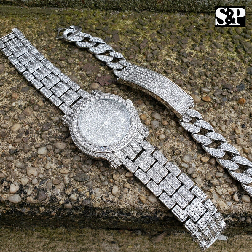 MEN'S HIP HOP WHITE GOLD PT LAB DIAMOND WATCH & FULL ICED BRACELET COMBO SET