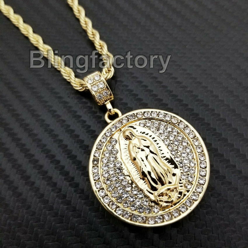 Hip Hop Iced out Virgen De Guadalupe Pendant & 4mm 24" Rope Chain Necklace