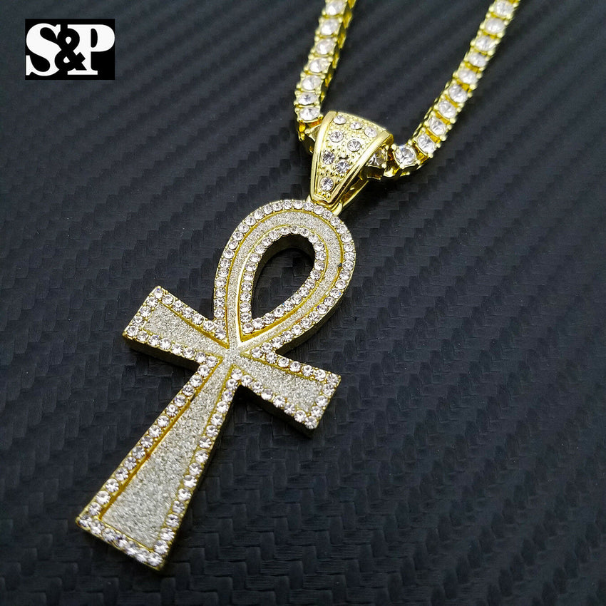 Hip Hop Ankh Cross Pendant & 16" Full Iced 1 ROW DIAMOND Tennis Choker Chain Necklace