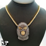 Mens Hip Hop Gun Metal Black Goon Mask Pendant & 1 Row 18" Tennis Chain Necklace