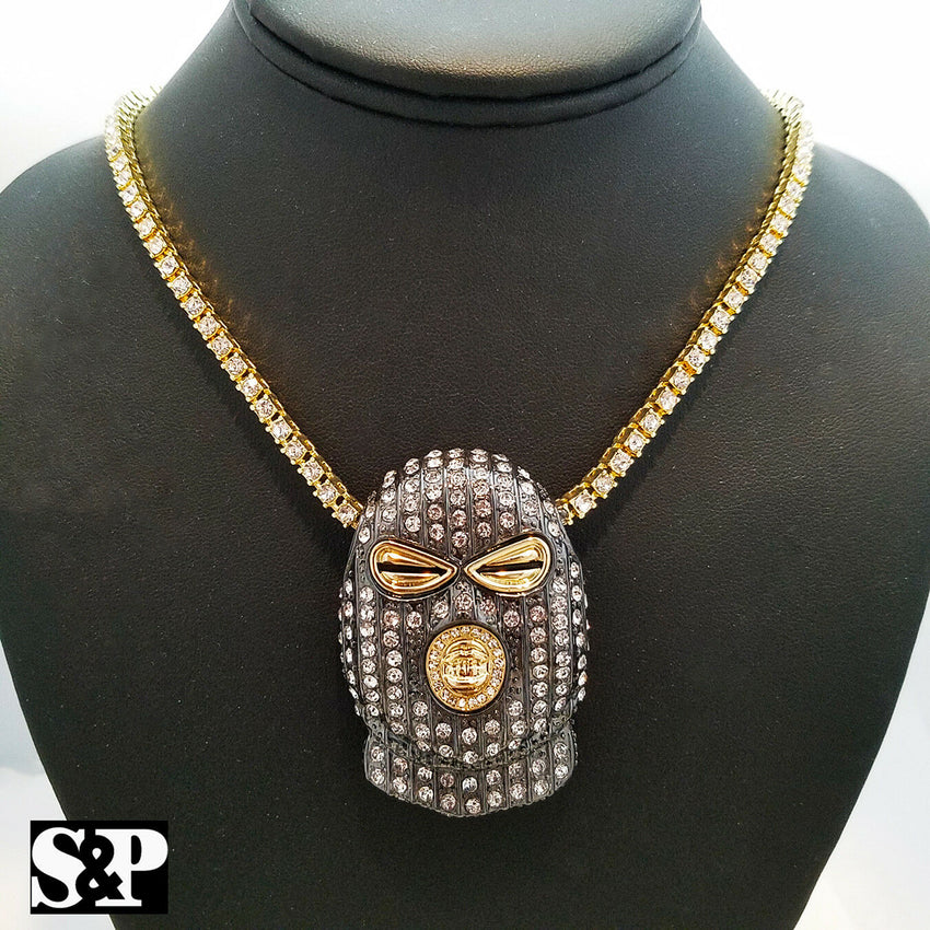 Mens Hip Hop Gun Metal Black Goon Mask Pendant & 1 Row 18" Tennis Chain Necklace
