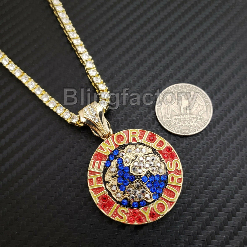 Hip Hop Iced The World is Yours Pendant & 18" 1 Row Tennis Choker Chain Necklace