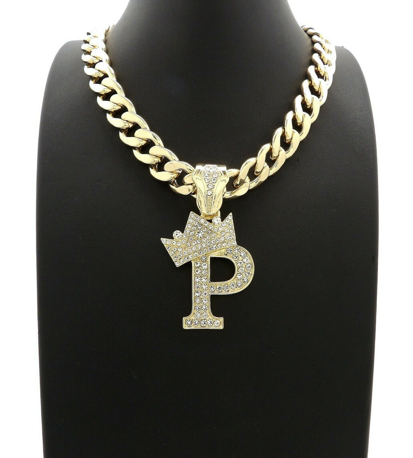 Hip Hop Crowned Alphabet Initial Pendant & 11mm 18" Cuban Choker Chain Necklace