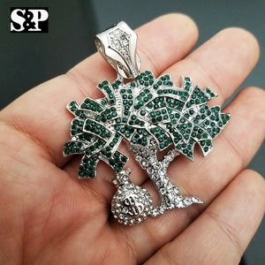 ICED WHITE GOLD PT LAB DIAMONDS DOLLAR MONEY BAG TREE PENDANT CHARM