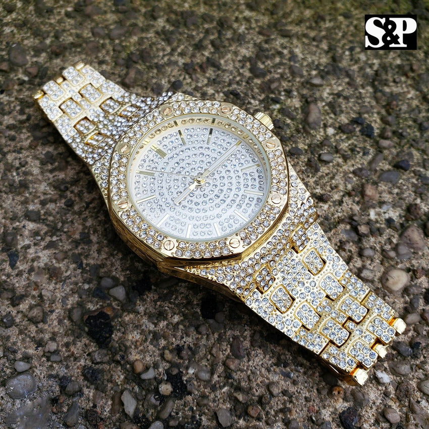 Men's Gold Plated Iced out Luxury Migos Rapper's Metal Band Dress Clubbing Watch