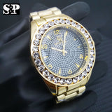 MENS ICED OUT GOLD PT CAPTAIN BLING HIP HOP BIG CZ STONES BLACK DIAL WRIST WATCH