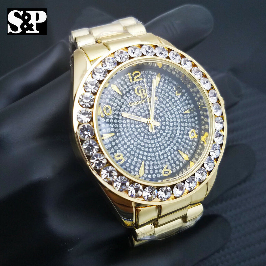 MENS ICED OUT GOLD PT CAPTAIN BLING HIP HOP BIG CZ STONES BLACK DIAL WRIST WATCH