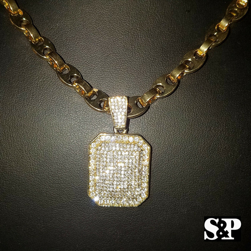 Hip Hop Iced out Gold PT Lab Diamond Square Pendant & 24" Gucci Chain Necklace