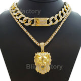 Hip Hop Lion Head Pendant & 18" Full Iced Cuban & 1 Row Tennis Choker Chain Necklace Set