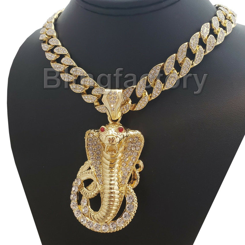 Hip Hop Iced Cobra Snake Pendant & 18" Full Iced Cuban Choker Chain Necklace