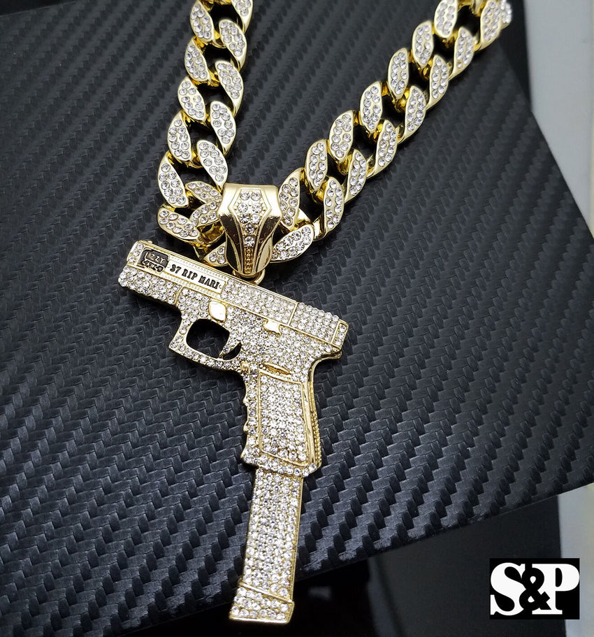 Hip Hop 37 Rip Mary Gun w/ 18" Full Iced Cuban & 1 ROW DIAMOND Choker Chain Necklace Set