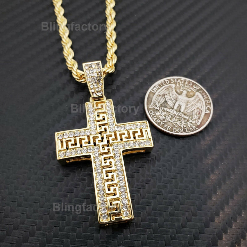 Hip Hop Iced out Designer style Cross Pendant & 4mm 24" Rope Chain Necklace