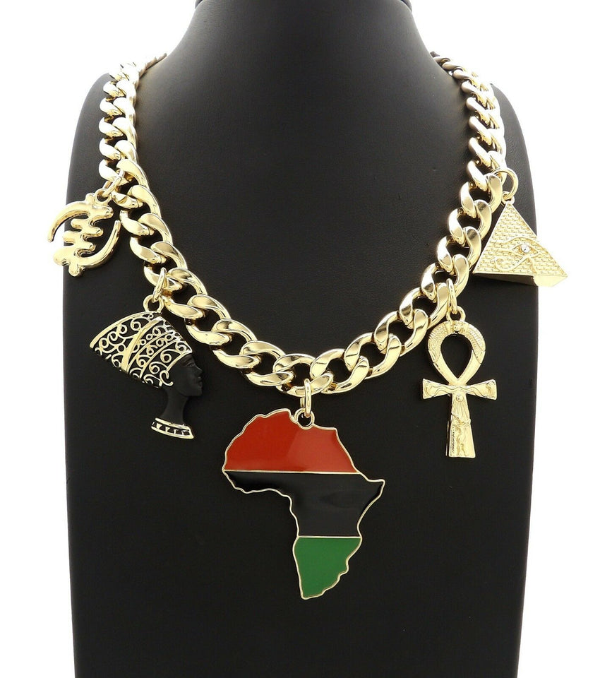 PYRAMID, NEFERTITI, ANKH, AFRICA, GYE NYAM, SEKHMET & 11mm 18" Cuban Link Chain