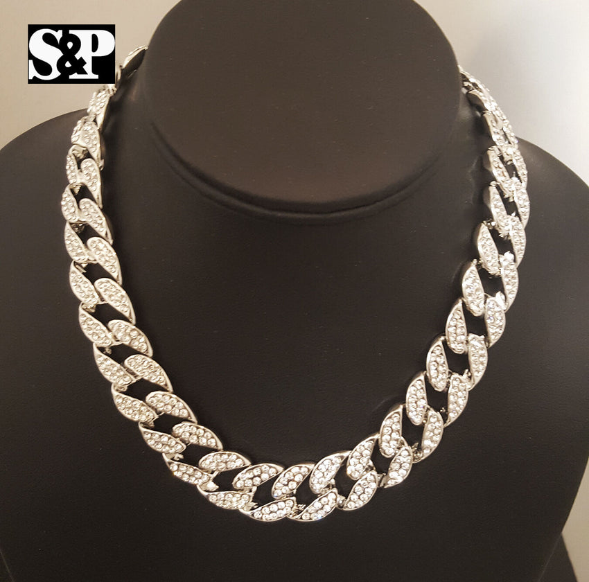 Hip Hop Men Quavo Iced 15mm 16" Miami Cuban Choker 2 Chains Necklace Set